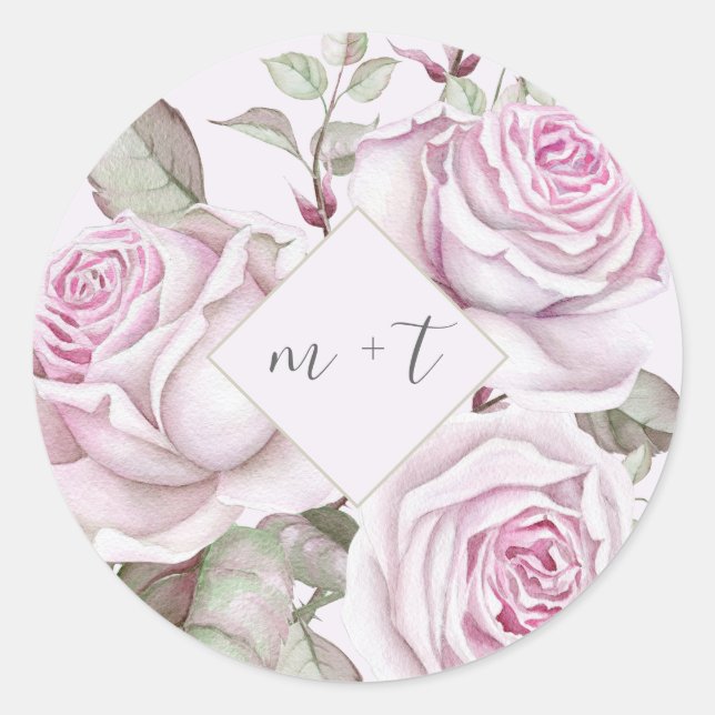 Sticker Rond Beau Roses violets avec Mariage Monograms (Devant)