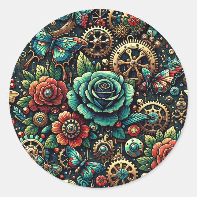 Sticker Rond Beau Steampunk Gears à thème et Roses (Devant)