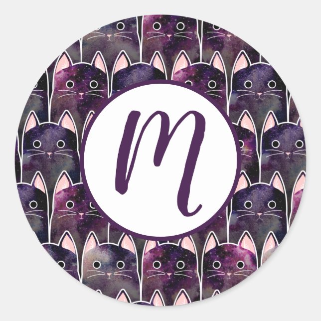 Sticker Rond Beaucoup de Motif de chats galaxy (Devant)