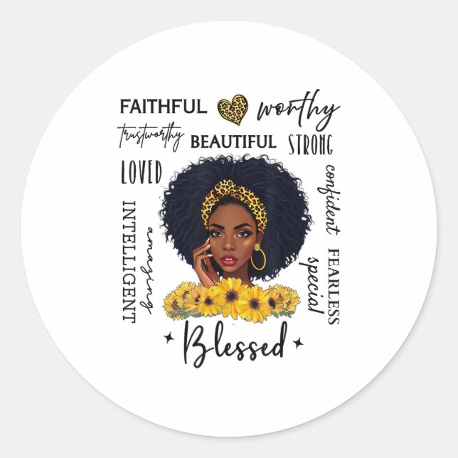 Sticker Rond Beautiful African American Black Woman Sunflower L (Devant)