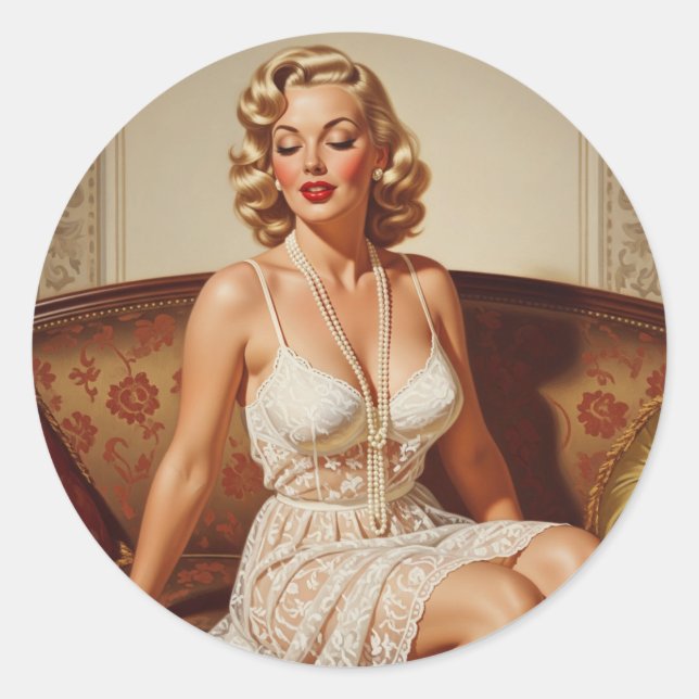 Sticker Rond Beautiful blonde pin-up 50's art (Devant)