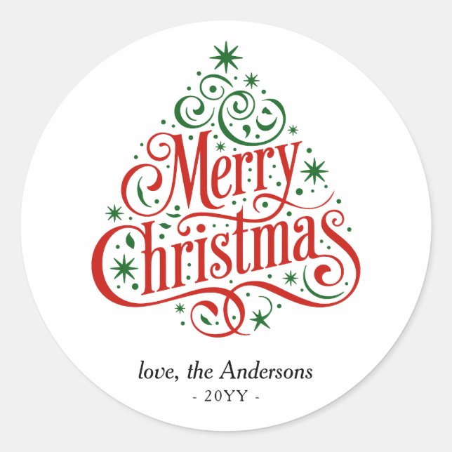 Sticker Rond Beautiful Calligraphy Merry Christmas Tree Custom  (Devant)