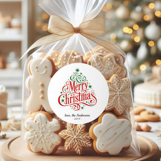 Sticker Rond Beautiful Calligraphy Merry Christmas Tree Custom