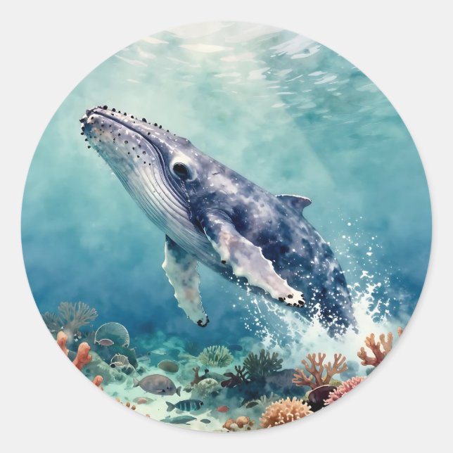 Sticker Rond Beautiful Impasto Whale Oceanic Illustration (Devant)