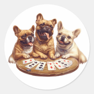 Sticker Rond Beaux Bulldogs français jouer des cartes
