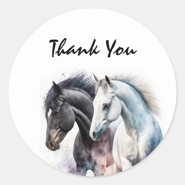 Sticker Rond Beaux chevaux en Merci d'aquarelle (Devant)