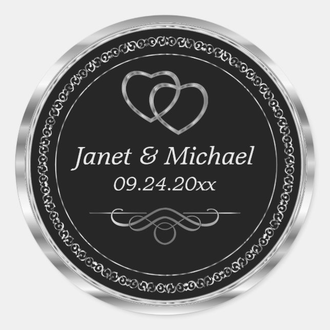 Sticker Rond Beaux Cœurs d'Argent sur Fond Noir (Devant)