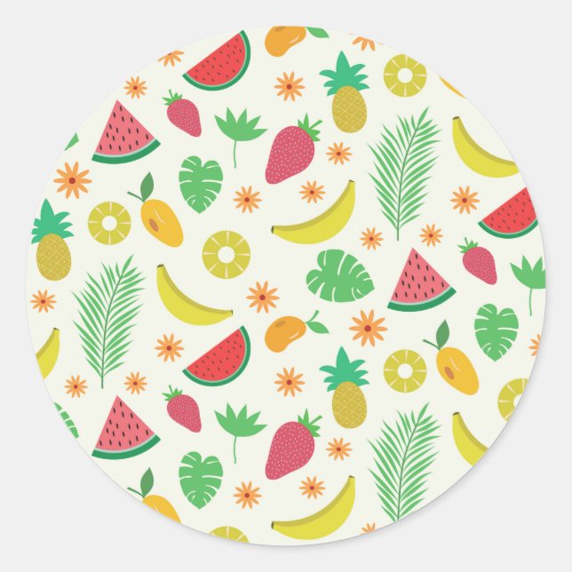 Sticker Rond Beaux fruits d'été et motif feuille tropical (Devant)