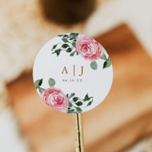 Sticker Rond Beaux Roses avec Monogramme et Mariage Date