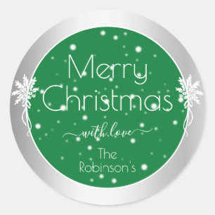 Sticker Rond Beaux Snowflakes Vert et Argent Coloré Noël