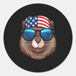 Sticker Rond Beaver Avec Drapeau Américain Fête De L'Indépendan