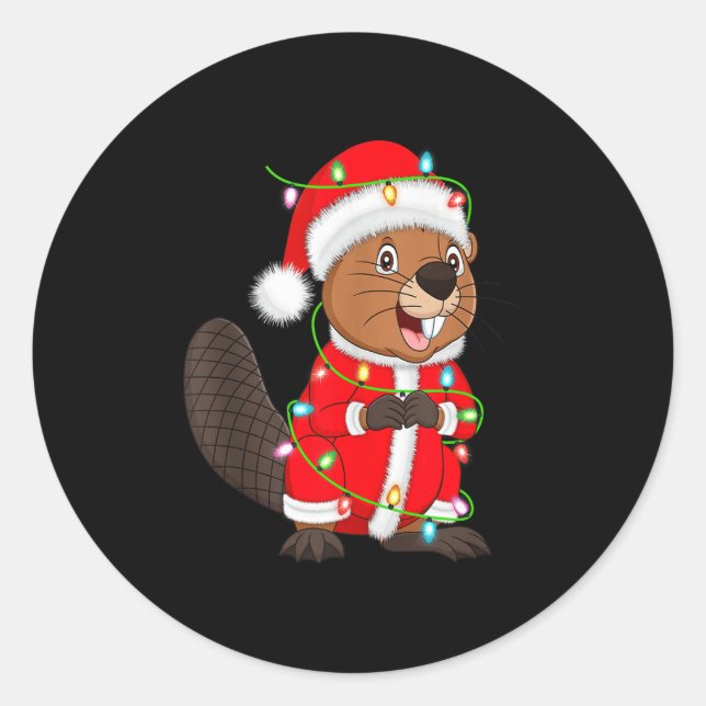 Sticker Rond Beaver Christmas Lights Santa Costume Cute Animal  (Devant)