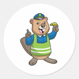 Sticker Rond Beaver en tant qu'agent de police avec sifflet
