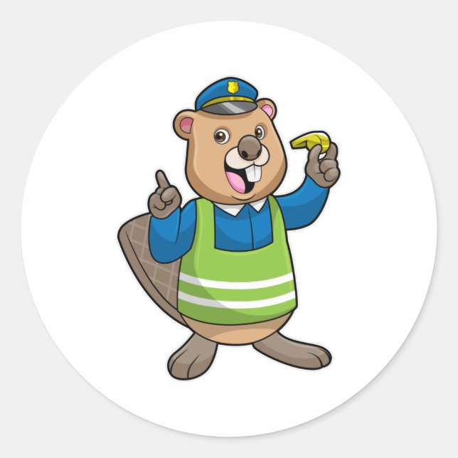 Sticker Rond Beaver en tant qu'agent de police avec sifflet (Devant)