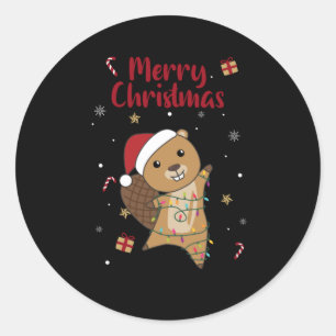 Sticker Rond Beaver Joyeux Noël Animaux d'hiver Beavers