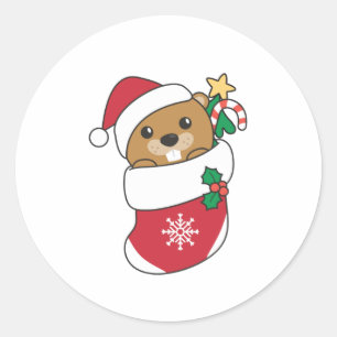 Sticker Rond Beaver Noël Neige Hiver Animaux Castor