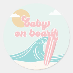 Sticker Rond Bébé à bord du Baby shower de plage rose