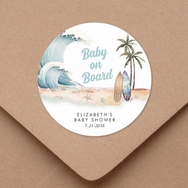 Sticker Rond Bébé À Bord Du Baby shower De Plage Surf (Créateur téléchargé)