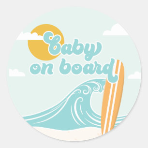 Sticker Rond Bébé à bord Fête de naissance bébé plage de surf