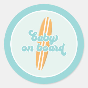 Sticker Rond Bébé à bord Fête de naissance bébé plage de surf