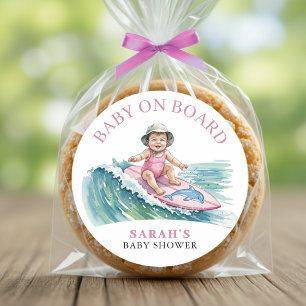 Sticker Rond Bébé à Bord Fille surfeuse Baby Shower aquarelle
