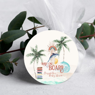 Sticker Rond Bébé à bord Rétro Baby Shower d'été Surf
