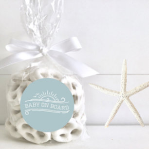 Sticker Rond Bébé à bord surf Baby shower bleu