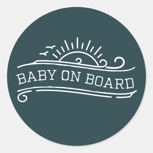Sticker Rond Bébé à bord Surf Baby shower bleu ardoise (Devant)