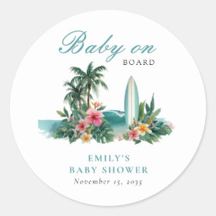 Sticker Rond Bébé à Bord Surf Plage Baby Shower