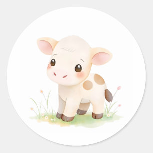 Sticker Rond Bébé adorable Vache d'aquarelle de veau de vache S