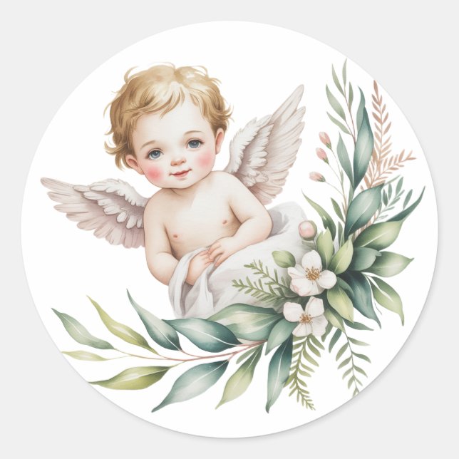 Sticker Rond Bébé ange à l'aquarelle Ailes de plume Baptême  (Devant)