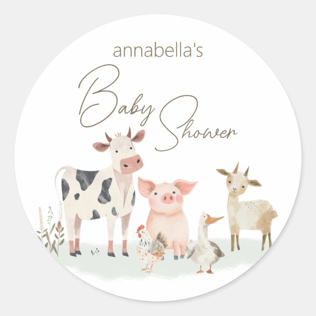 Sticker Rond Bébé Animaux de ferme mignonne thème de campagne (Devant)