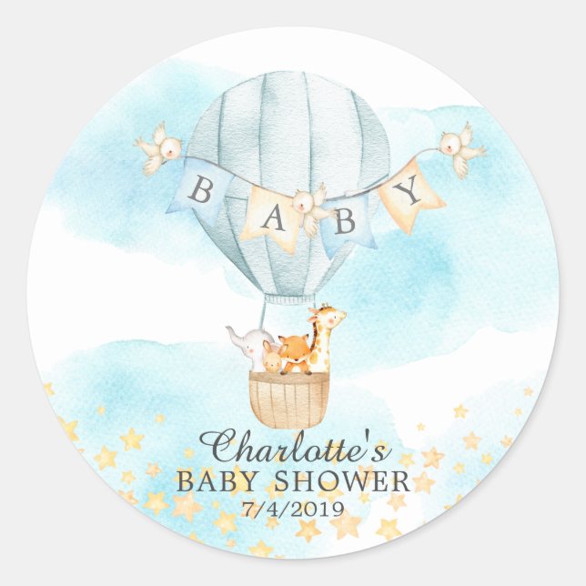 Sticker Rond Bébé Animaux Hot Air Balloon Baby shower à tour (Devant)