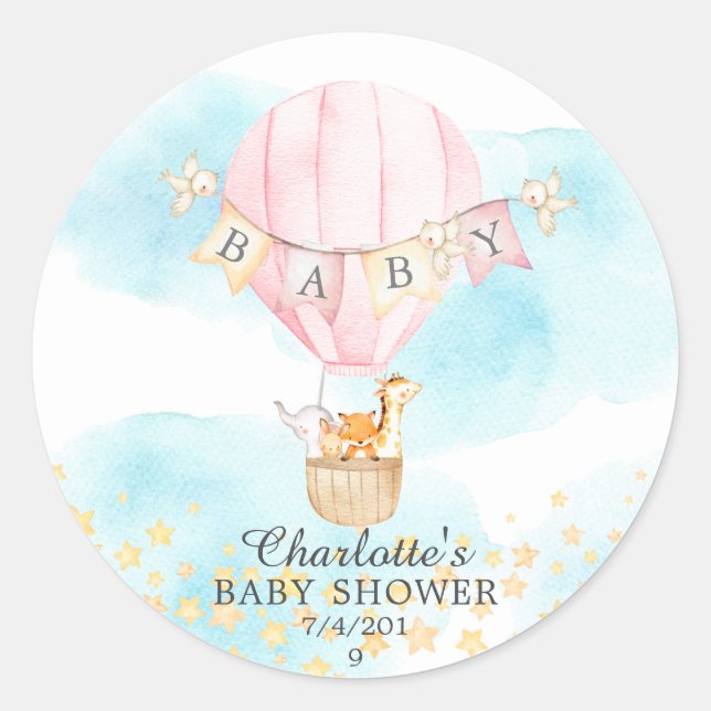 Sticker Rond Bébé Animaux Hot Air Balloon Baby shower à tour (Devant)