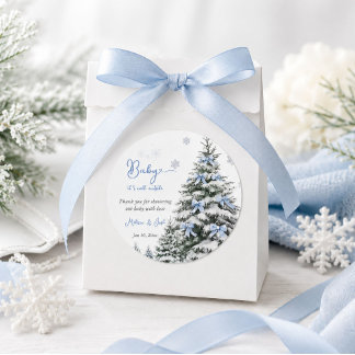 Sticker Rond Bébé au nœud bleu Il fait froid dehors Baby Shower
