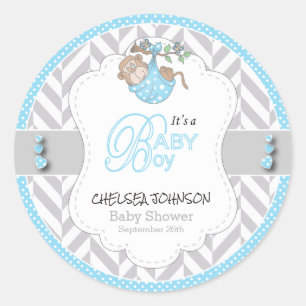 Sticker Rond Bébé Baby shower bleu, gris blanc