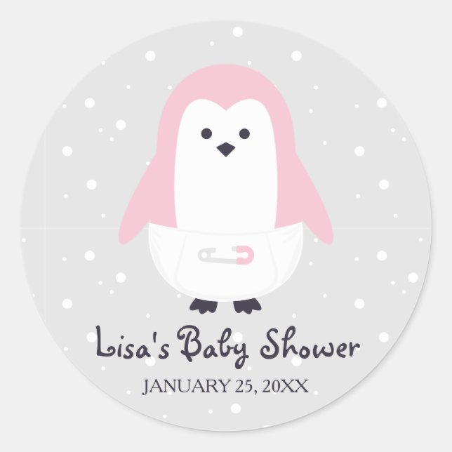Sticker Rond Bébé Baby shower de pingouin rose (Devant)