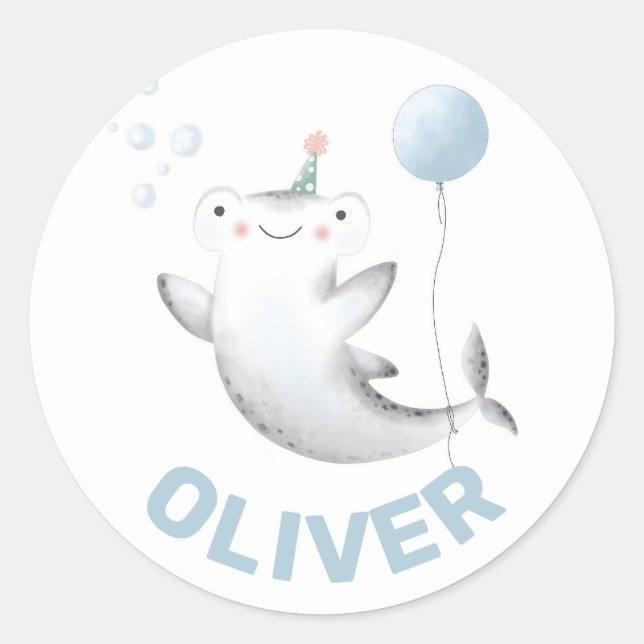 Sticker Rond Bébé Balloon de requin chevalet d'anniversaire de  (Devant)