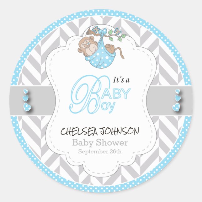 Sticker Rond Bébé Bleu, Baby shower de singe gris blanc (Devant)