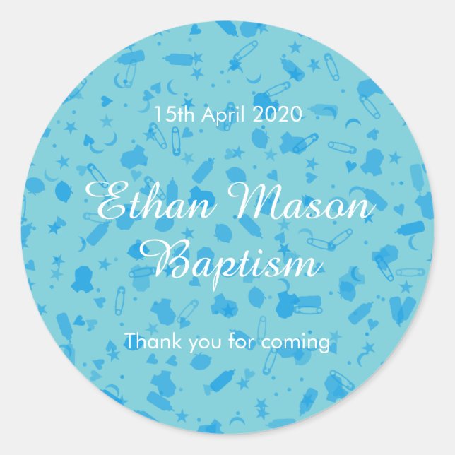 Sticker Rond Bébé Bleu Confetti Baptême Christening Favoriser (Devant)