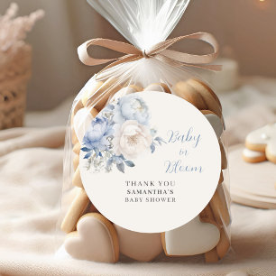 Sticker Rond Bébé Bleu En Fleur Baby shower Garçon Floral