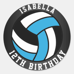 Sticker Rond Bébé Bleu, Noir et Blanc Volley Anniversaire