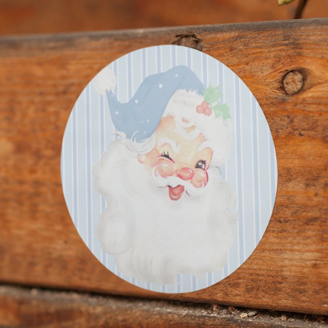 Sticker Rond Bébé Bleu Vintage Winking Père Noël (Créateur téléchargé)