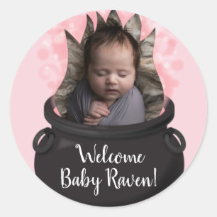 Sticker Rond Bébé brasse sorcière Faire-part de naissance rose