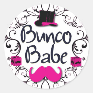 Sticker Rond Bébé Bunco avec chapeau rose et moustache rose