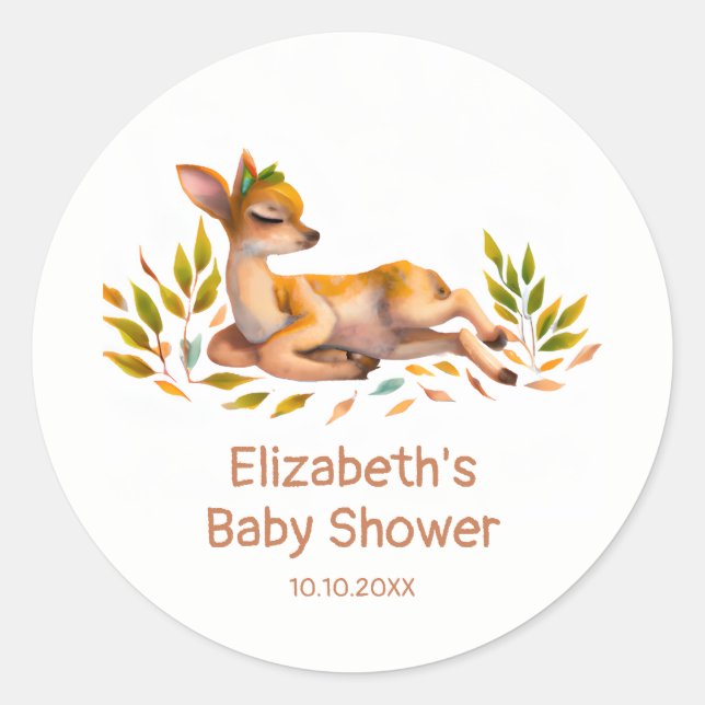 Sticker Rond Bébé Cerf de la Forêt et Feuillage Baby Shower (Devant)