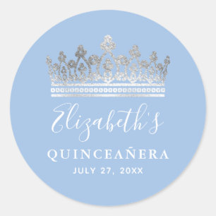 Sticker Rond Bébé clair argent Bleu Roses élégant Quinceanera