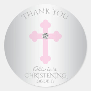 Sticker Rond Bébé Croix rose Baptême / Christening Merci fille