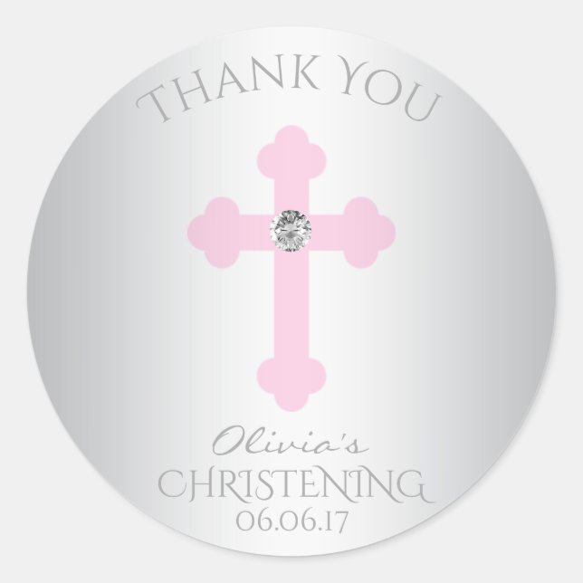 Sticker Rond Bébé Croix rose Baptême / Christening Merci fille (Devant)