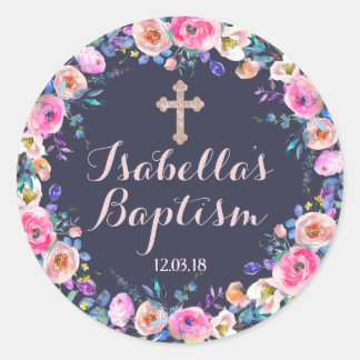 Sticker Rond Bébé Croix rose Baptême / Christening Merci fille